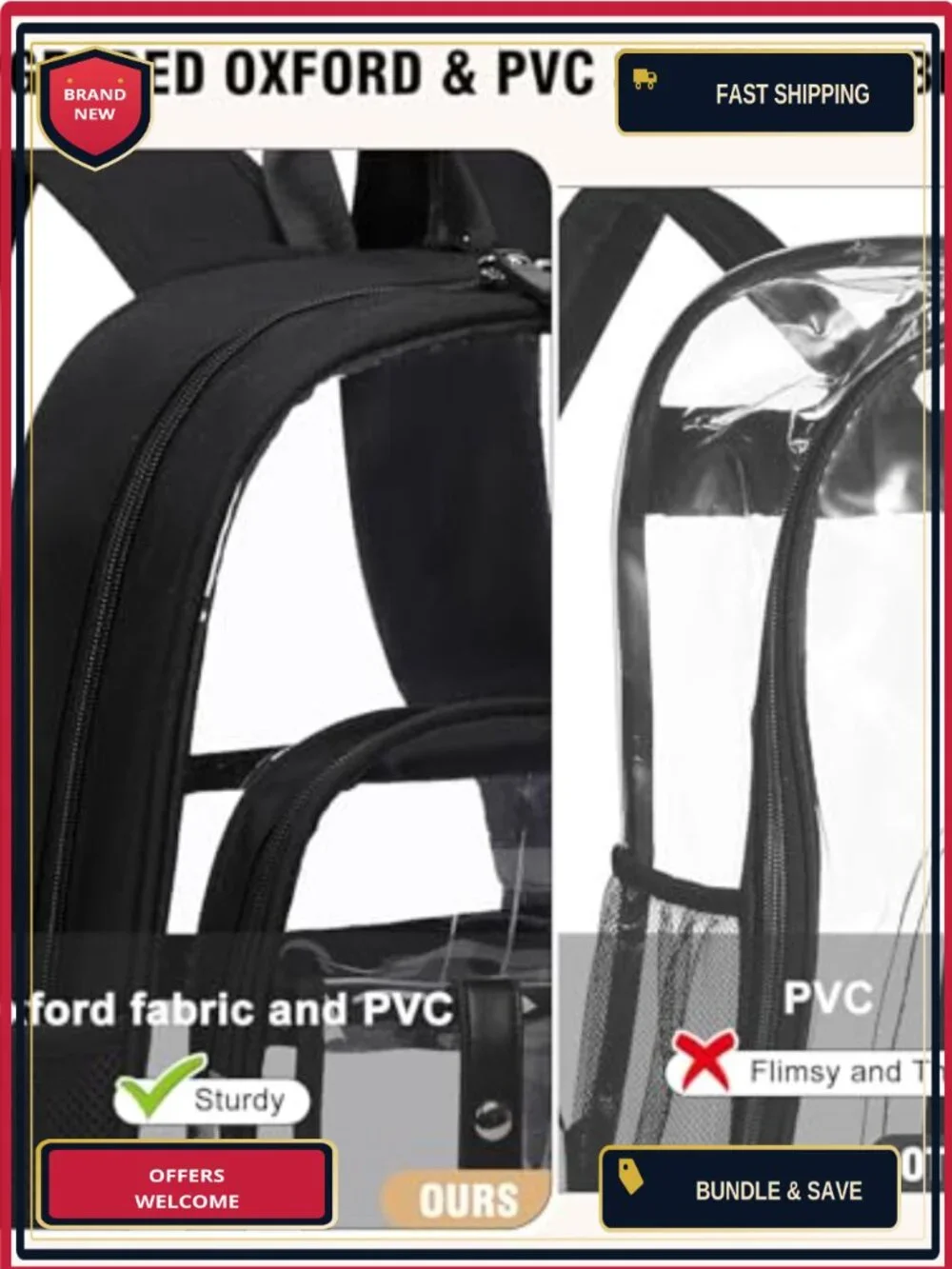 3 Piece Clear Backpack Set Heavy Duty Transparent Bookbag for School College